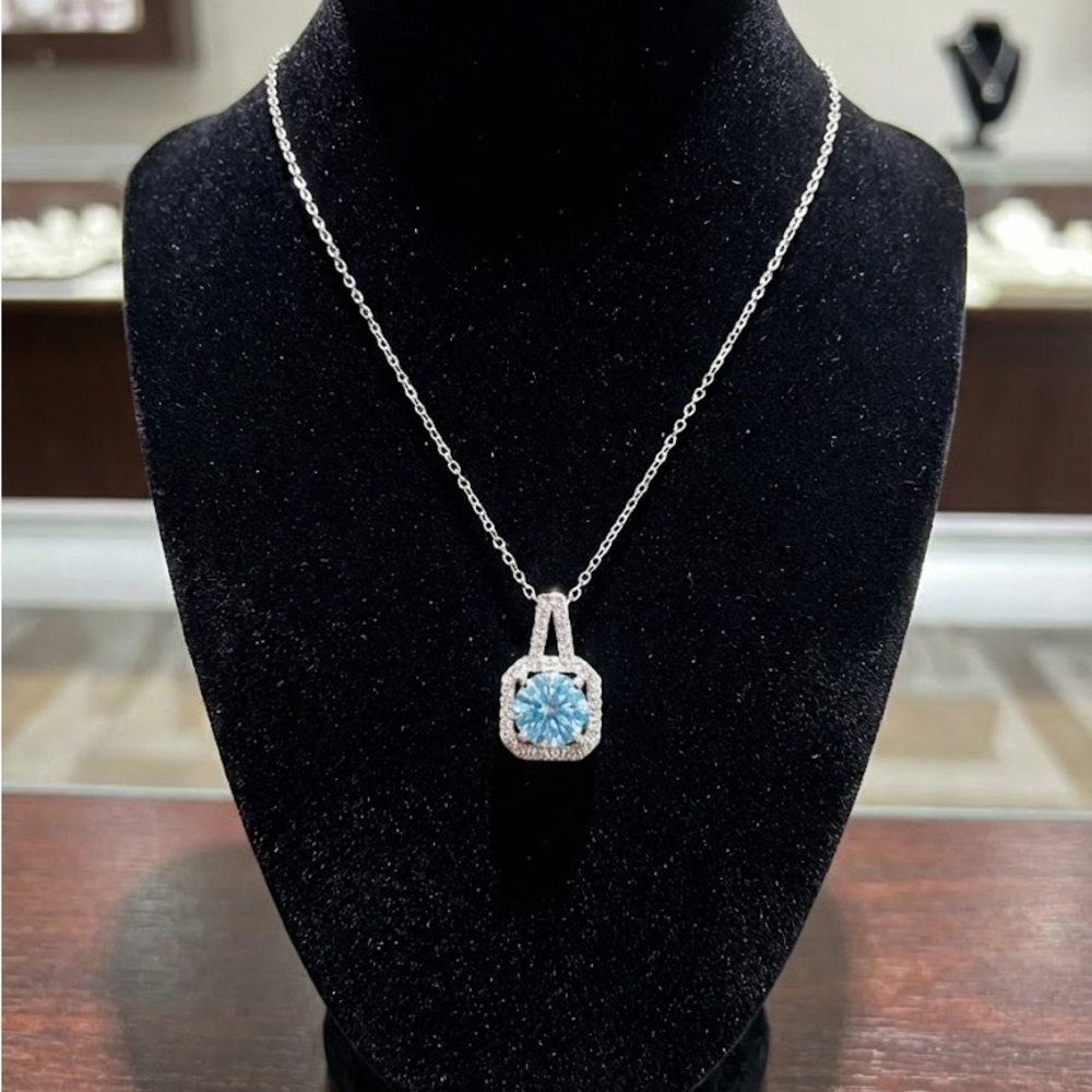NWT 2.0CT (8mm) Light Blue Halo Moissanite Necklace, in .925 Sterling Silver.